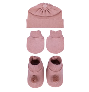 KIT 3 PÇS SAPATINHO LUVA TOUCA SANCHES BABY RN POMPOM