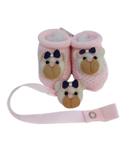 KIT SAPATINHO DE TRICÔ COM PRENDEDOR DE CHUPETA URSO ROSA LUMAR BABY